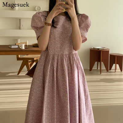 Short Sleeve Korean High Waist Party Dresses Floral Printing Summer Dress Gentle Pleated Clothing Loose Robe Femme 15038