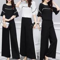 COD SDFERTGRTYTYUYU 2PCS Womens Set Wear Korean Style Fashion Casual Suit Summer T-Shirt Blouse Wide-leg Long Pants Ladies Clothing Female Outfits