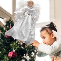 【 WYIN kitchen】ไฟ LED Pre Lit Dangel Tree TopperFiber Optic Angel Silver Xmas Tree TopperOperated