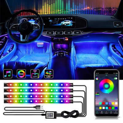 [Hot K] ไฟเท้าสร้างบรรยากาศภายในรถ LED 48 72ดวงพร้อมรีโมท USB ไร้สายควบคุมแอป RGB อัตโนมัติโคมไฟตกแต่งบรรยากาศ