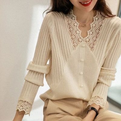 Elegant V คอ Spliced Beading Lace Hollow Out เสื้อผู้หญิงเสื้อผ้า2022ฤดูใบไม้ร่วงใหม่ Casual Pullover All-Match Office Lady เสื้อ