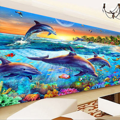 สว่านกลมใหม่5D ภาพวาดเพชร DIY "โลมาใต้น้ำ" 3D ปักครอสติช5D ตกแต่งบ้าน