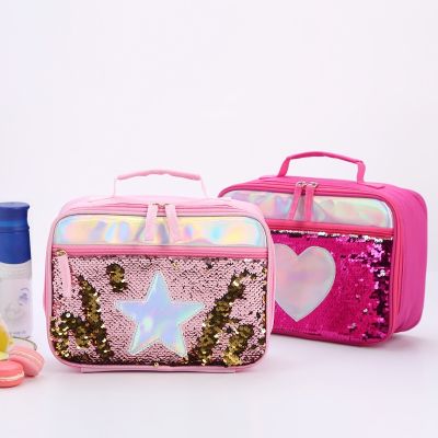 □▣ High Quality Fashion Waterproof Reverse Sequin Insulated Kids Girls Boy Lunch Box Glitter Tote Bag Cooler Picnic Pouch For Food