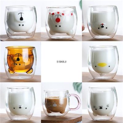 【High-end cups】แก้วแก้วผนังสองแก้วแก้วหมีแมวสุนัขสัตว์สองชั้นแก้วแก้วถ้วยกาแฟแก้วคริสต์มาสของขวัญน่ารักถ้วยนม