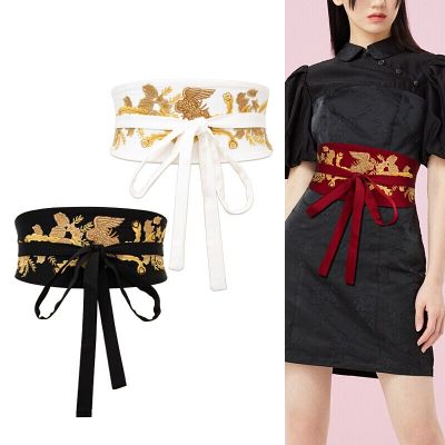 Womens Embroidered Vintage Waist Wide Japanese Self Tie Wrap Around Obi Waist Band Cinch Boho Belt Fabric Dress Belts