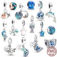 NEW 925 Sterling Silver Blue Butterfly Scaled Fish Wave Turtle Charm Bead Fit Original Pandora Bracelet Necklace Women Jewelry