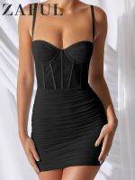 ZAFUL Sheer Mesh Bustier Corset-style Ruched Cami Slinky Sexy Mini Dress Bodycore Slight Stretch Adjustable Shoulder Spaghetti