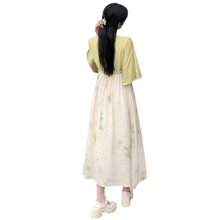 hanfu-ชุดเดรสผู้หญิงแขน3-4พิมพ์ลายขนาดเล็กแบบฝรั่งเศสตัดกันสไตล์จีนโบราณใหม่2023