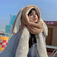 Fashion Woman Caps Winter Warm Rabbit Ears Hat Windproof 3-in-1 Multi-functional Cartoon Hat Windproof Scarf &amp; Gloves Set