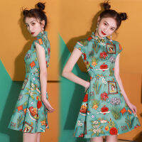 กี่เพ้าจีน ย่อหน้าสั้น ปรับปรุง Cheongsam สามารถสวมใส่ได้ทุกวัน โนเบิลย้อนยุค ภาษาจีน พิมพ์ลาย สง่างามและมีเกียรติ