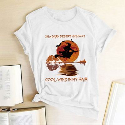 On A Dark Desert Highway Witch Printing T-shirts Women Summer Aesthetic Clothes Loose Crew Neck Graphic Women Tshirt Streetwear  N1YZ