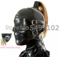 Free Shipping ! Hot Black Latex Mask Rubber Hood with top hair Rubber Hood with Eyeshade eyes cover and mouth Gag back zipper