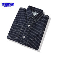 MBBCAR เสื้อเชิ้ตแขนยาวหนาลายทางสำหรับเด็กผู้ชายผ้าเดนิมสไตล์ลำลองในเมืองมีกระเป๋า2023ผู้ชายคนใหม่ฤดูใบไม้ร่วง