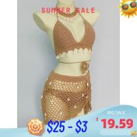 Woman Bikini Set Crochet Shell Tassel Top Sexy Thong Bottom See-Through Hollow Out Bandage High Waist Short Beach Skirt