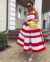 New Summer Retro Audrey Hepburn Satin Dress Stripe A Line Style Mid Dress Pleated Wine Party Long Striped Dress