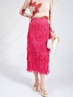 Summer hot style mei red tassel skirts female temperament of new high-end joker miyake fold step pencil skirt