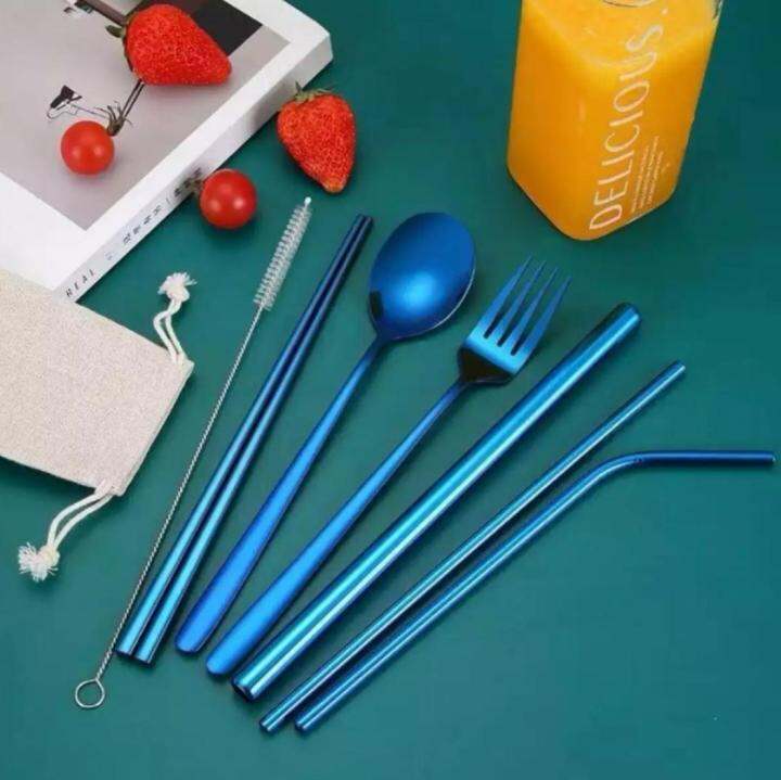 7IN1 Korean Metal Cutlery Set Chopsticks Spoon Fork Straw Stainless