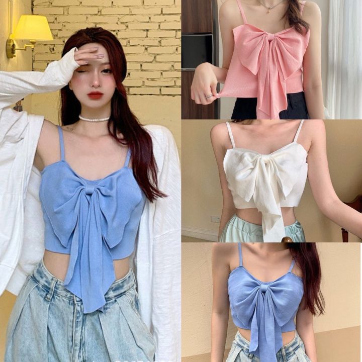 พร้อมส่ง-เสื้อผูกโบว์สายเดี่ยว-สายเดียวไหมพรม-เอวลอย-แต่งจีบโบว์-สีพื้น-แฟชั่นผู้หญิง-เซ็กซี่-004