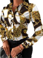 Women Fashion Wild Shirts Chain/Floral/Letter/Geometric Square Print Turn-Down Collar Long Sleeve Blouses Streetwear