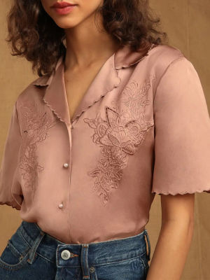 2022 Spring Retro Flower Embroidery Womens Blouse Short Sleeve Single-Breasted Hollow Out French Sweet Ladies Shirt and Tops