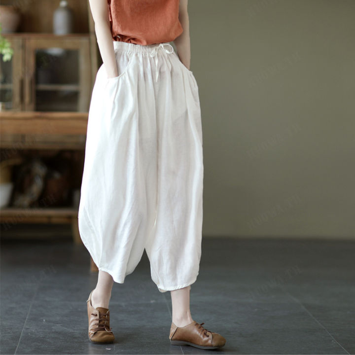 huowa-กางเกงผ้าฝ้ายสีเทาเข้มสไตล์โมเดิร์นสำหรับผู้หญิง