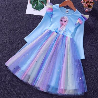 Elsa Princess Dress Girls Dress Spring and Autumn Dress 2021 New Long-sleeved Childrens Western Style Elsa Frozen Dress