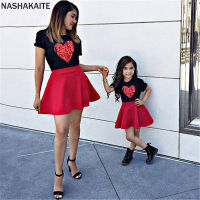 NASHAKAITE Mommy ane me Clothes Short Sleeve Love Pattern Top  Red Skirts Clothing Sets Family Matching Clothes