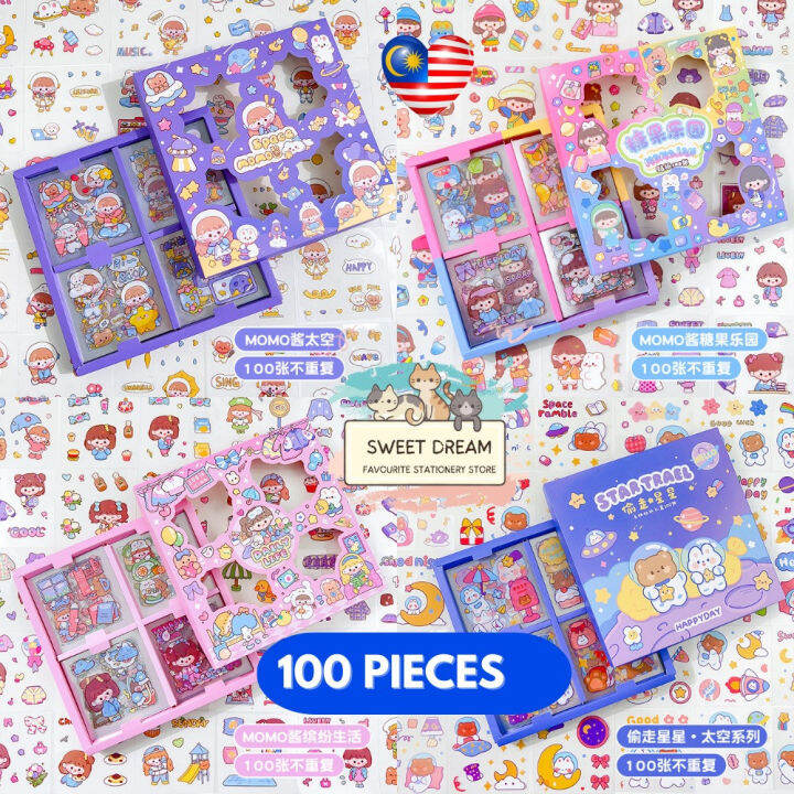 100 PCS MOMO PET Transparent Sticker Set Creative INS No REPEAT Cartoon Journal Stickers