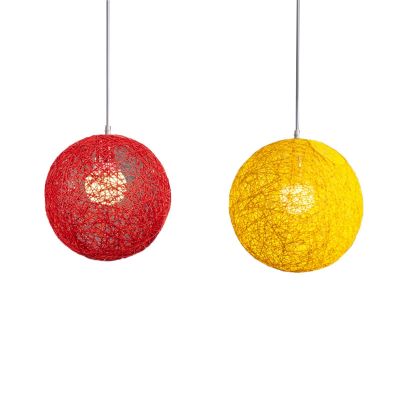 2 Pcs Rattan and Hemp Ball Chandelier Individual Creativity Spherical Rattan Nest Lampshade Red &amp; Yellow