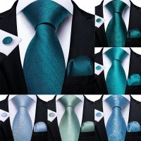 DiBanGu Mens Necktie Teal Green Solid Designer Silk Wedding Tie For Men Necktie Ring Hanky Cufflinks Tie Set Business Party