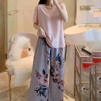 Pajamas Women Sleepwear Set Spring Summer Viscose Short-Sleeve Long Pants Suits Ladies Home Services Floral Printed Lingeries