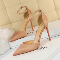 Womens Buckle High Heels plus Size 10cm Hollow Sandals 2021 New Satin Surface Pointed-Toe Stiletto Shoes Women