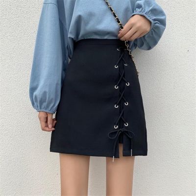 Korean Style Bandage Mini Skirts Womens 2020 Summer Vintage High Waist Black Lace Up A Line Skirt