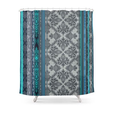 Teal Aqua Grey Vintage Bohemian Wallpaper Stripes Shower Curtain With Hooks Home Decor Waterproof Bath Print Bathroom Curtains