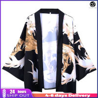 เสื้อเชิ้ตแขนสามส่วนลำลองทรงหลวมพิมพ์ลายมังกรเสื้อคาร์ดิแกน Kimono ญี่ปุ่นเสื้อลำลองฤดูร้อน