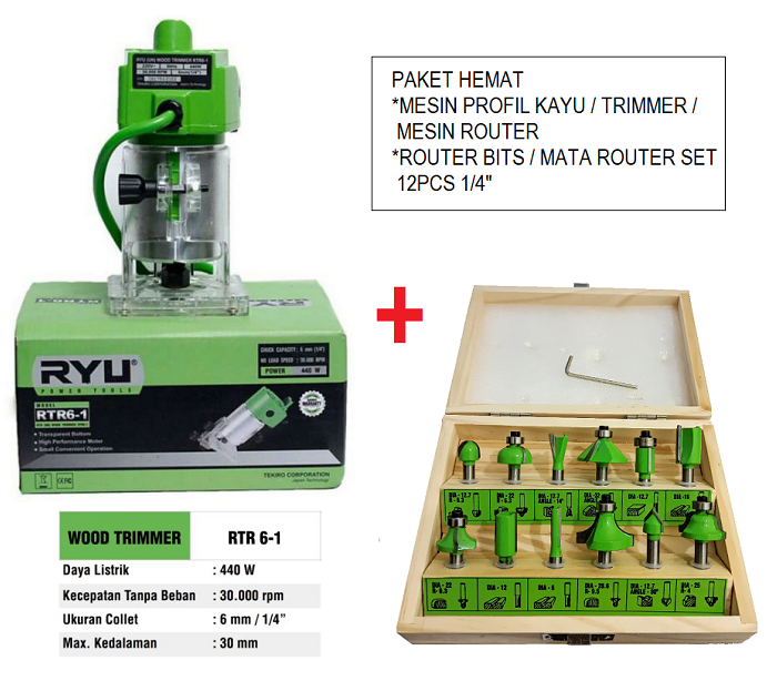 Paket Hemat Mesin Router Trimer Profil Kayu Tekiro Ryu Rtr Ryu Mata Profile Mata