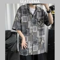 SEATUEMA เสื้อวินเทจแขนสั้นผู้ชาย,เสื้อไฮสตรีทแฟชั่นดอกไม้มะม่วงหิมพานต์ฮิปฮอปเสื้อสุดหล่อทรงหลวมฤดูร้อน