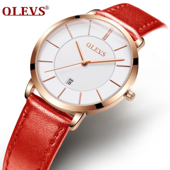 olevs-นาฬิกาข้อมือสุภาพสตรีแบบเดิม-ๆ-หนังสีดำเรียบง่ายบางเฉียบนาฬิกาควอตซ์กันน้ำวันที่แฟชั่น