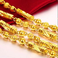 Kemstone Fashion R ss 24K Alluvial Gold Plated Beads Hexagon Bamboo Necklace Jewelry Gift for Men