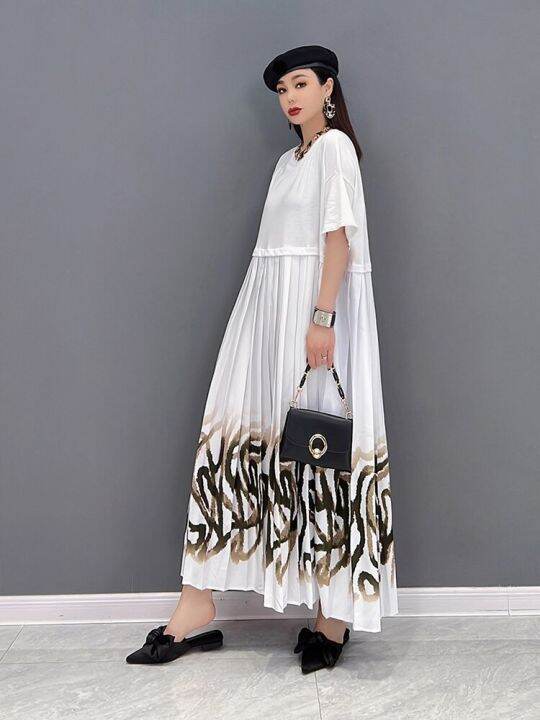 xitao-dress-loose-short-sleeve-pleated-print-dress