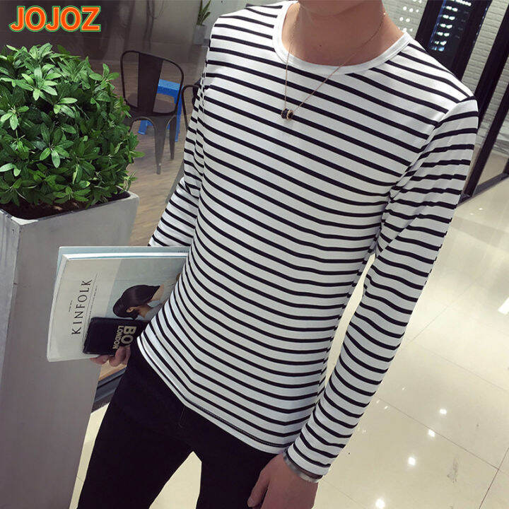 jojoz-เสื้อยืดลายทางผู้ชายแฟชั่นแขนยาวเสื้อท็อปส์สบายๆหลวมแบบคอกลม