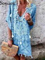 【HOT】□ 2021 Boho V-Neck Printed Fringed Dresses Ladies Tassel Wear Female Clothing