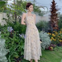 Temperament of watercolor printing hang neck backless chiffon dress female summer French beach long skirt of tall waist thin model