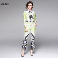 Summer Cartoon Print Two Pieces Set Women Short Sleeve Bow Collar Shirt Top And Ankle-Length Pants Femme Long Pencil Set