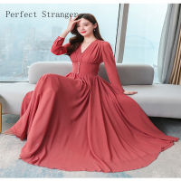 Autumn New Arrival Bohemian Style S-3XL V Collar Long Sleeve Solid Color Women Chiffon Long Dress