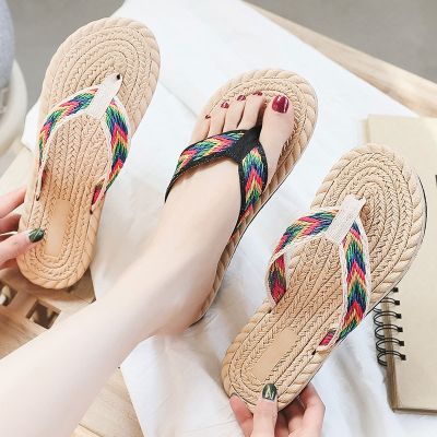 2023 imitation travel hemp base outside straw women sandals Han flip-flops low beach flat with female slippers