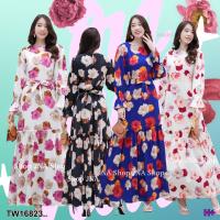 P16823 แม็กซี่เดรส แขนสม๊อค ลายดอก..Maxi dress, smocked sleeves, floral pattern..