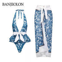 BANJEOLON ชุดว่ายน้ำคอเชือกแขวนคอ พิมพ์ชายหาดสีฟ้า ชุดว่ายน้ำผู้หญิง BAN311