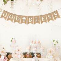 [HOT MAKXJWIGO 542] Burlap แบนเนอร์ God Bless Baptism แบนเนอร์ Rustic Bunting Garland Christening Communion Party Supplies สีขาว Cross (สีขาว)