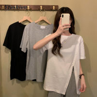 Yfashion เสื้อยืด Lengan Pendek Musim Panas สำหรับผู้หญิงแบบลำลองมีขนาดใหญ่ผิดปกติแยกเสื้อสตรีคอกลมเสื้อสีทึบขาตั้งกล้องมีในสต็อก